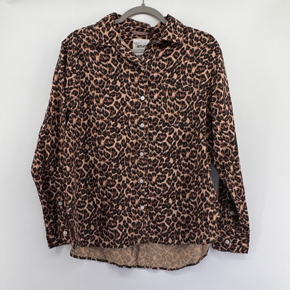 Aerie Leopard Print Button Down Shirt Brown Animal Print Long Sleeve XS 1626-06
